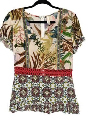 Anthropologie Raga Artful Boho Floral Top Crochet Waist Zip Back Tropical
